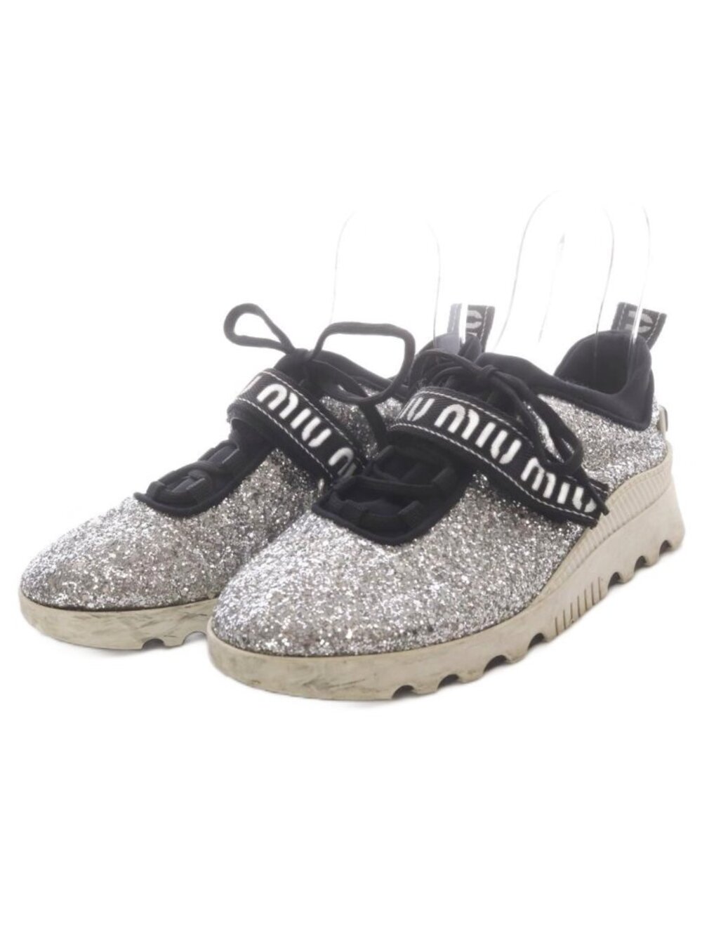 Miu Miu Sneakers Glitter Lame Velcro Strap Silver